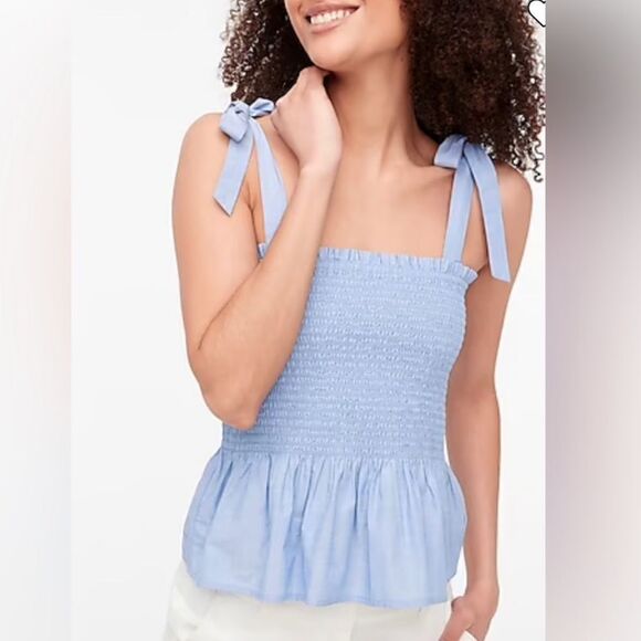 J. Crew Blue Smocked Bodice Square Neck Tie Shoulder Tank Top Size XL - Picture 1 of 7